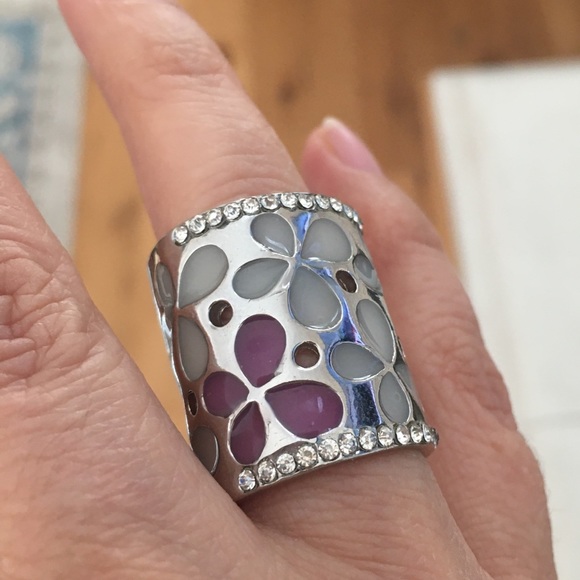 Stainless steel enamel diamanté wide band ring - Picture 4 of 10